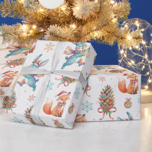 Woodland Christmas Fox, Bunny & Pinecone Pattern Wrapping Paper