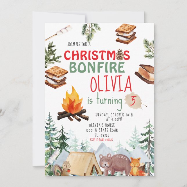 Woodland Christmas Holiday Bonfire Invite  (Front)