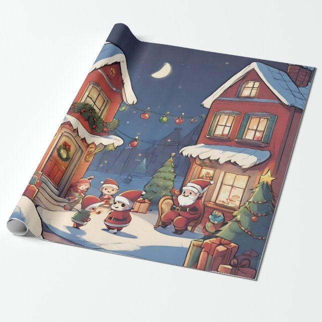 Woodland christmas red vintage santa illustration  wrapping paper (Unrolled)