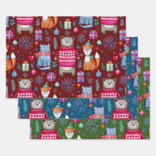 Woodland Christmas Winter Forest Bear Cat Fox Wrapping Paper Sheet