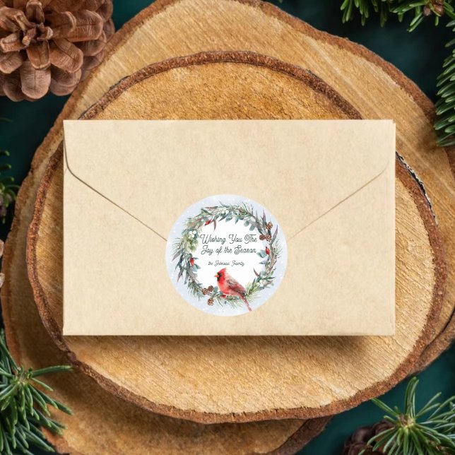 Woodland Christmas Wreath, Cardinal, Snowflakes Classic Round Sticker (Creator Uploaded)