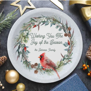 Woodland Christmas Wreath, Cardinal, Snowflakes Paper Plate