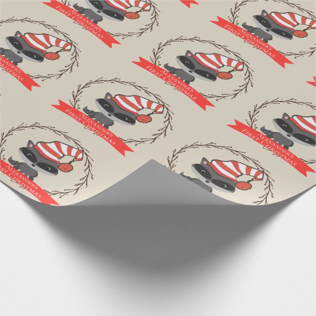 Woodland Creature Racoon Baby's First Christmas Wrapping Paper (Corner)