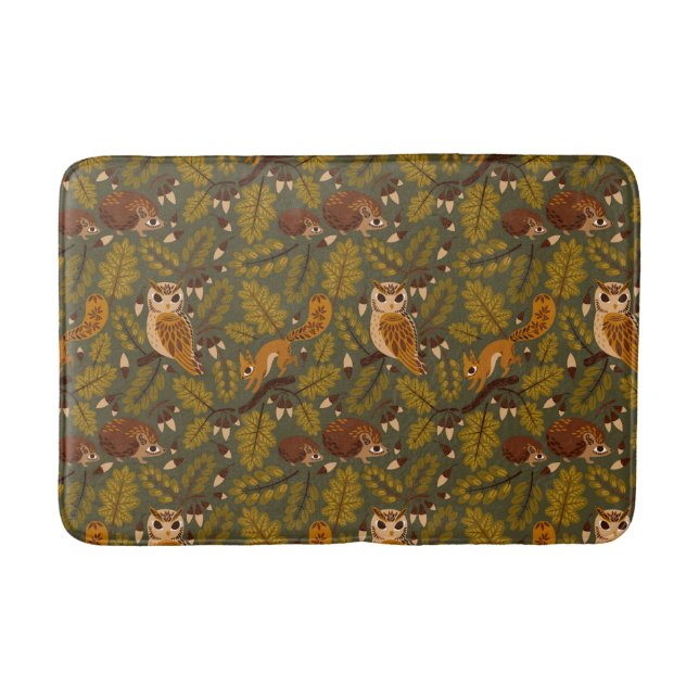 Woodland Creatures and Leaves Pattern Bath Mat (Front)