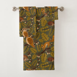 Woodland Creatures and Leaves Pattern Bath Towel Set