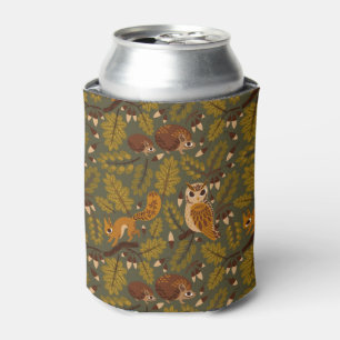 Woodland Creatures and Leaves Pattern Can Cooler