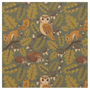 Woodland Creatures and Leaves Pattern Fabric