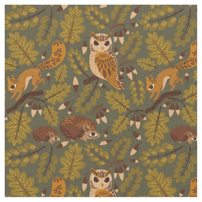 Woodland Creatures and Leaves Pattern Fabric (Close Up)