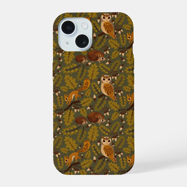 Woodland Creatures and Leaves Pattern iPhone 15 Case (Back)