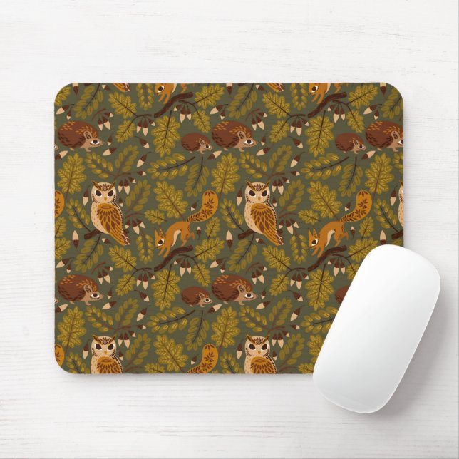 Woodland Creatures and Leaves Pattern Mouse Pad (With Mouse)