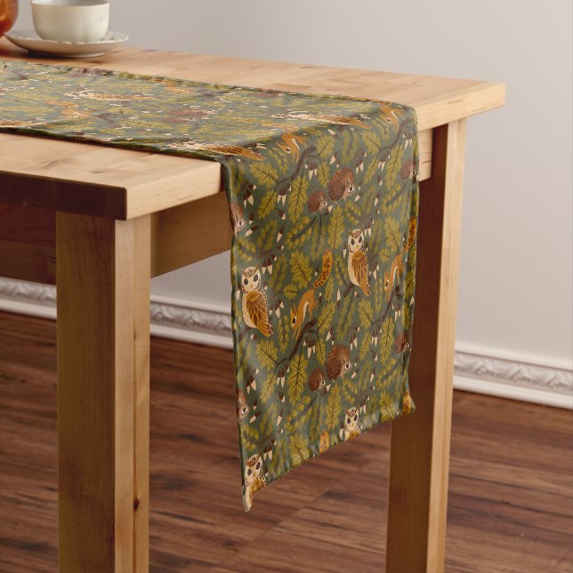 Woodland Creatures and Leaves Pattern Short Table Runner (In Situ)