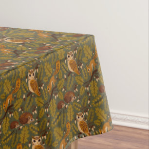 Woodland Creatures and Leaves Pattern Tablecloth