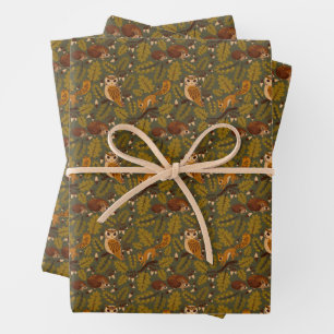 Woodland Creatures and Leaves Pattern Wrapping Paper Sheet