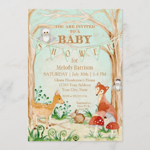 Woodland Creatures Animals Deer Fox Rabbit Owl Art Invitation