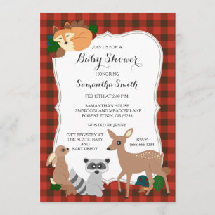 Woodland Creatures Baby Shower Buffalo Plaid Invitation