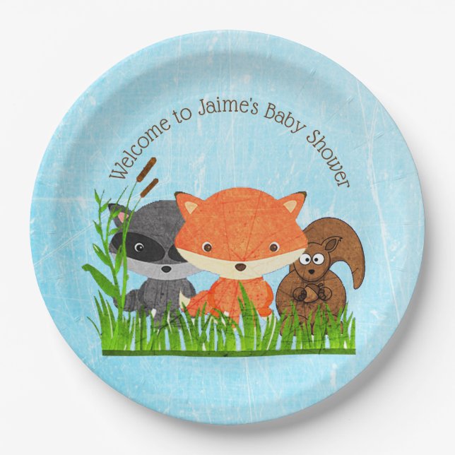Woodland Creatures Baby Shower Paper Plates (Front)