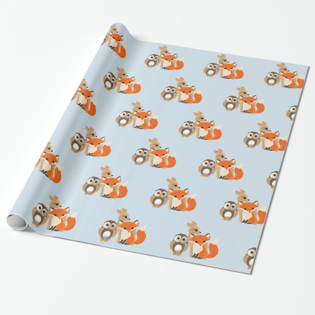 Woodland Creatures Blue Baby Shower Gift Wrap (Unrolled)