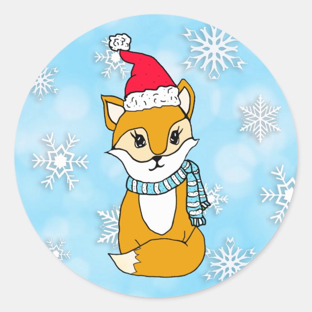 Woodland Creatures Christmas Fox with Santa hat Classic Round Sticker (Front)