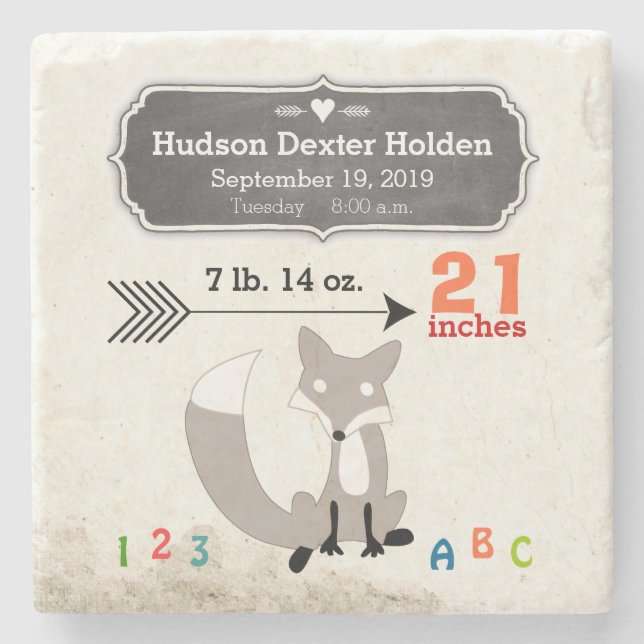 Woodland Creatures Fox Baby Stats Keepsake Stone Coaster (Front)