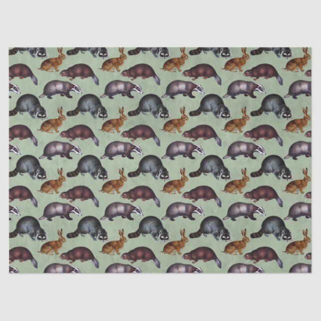 Woodland Creatures on Green Decoupage Tissue Paper (Front)