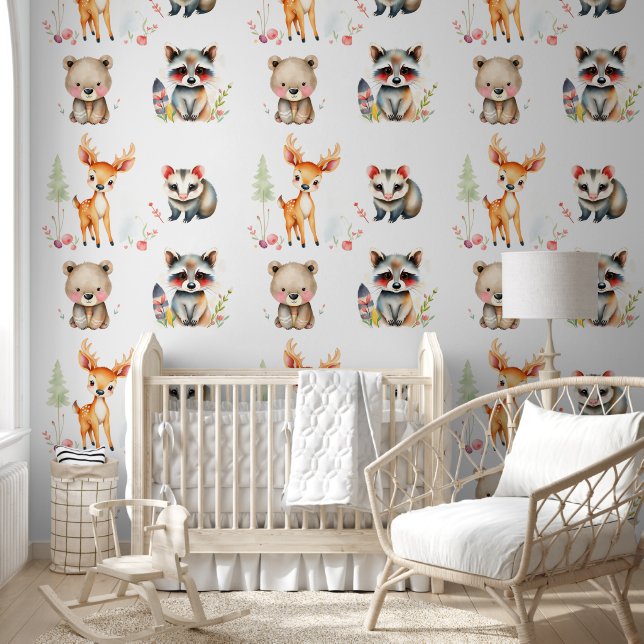 Woodland Creatures Watercolor Illustration Wallpaper (Kids)