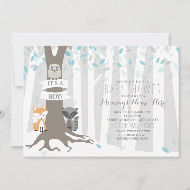 Woodland Creatures Winter Baby Shower - Boy Invitation (Front)