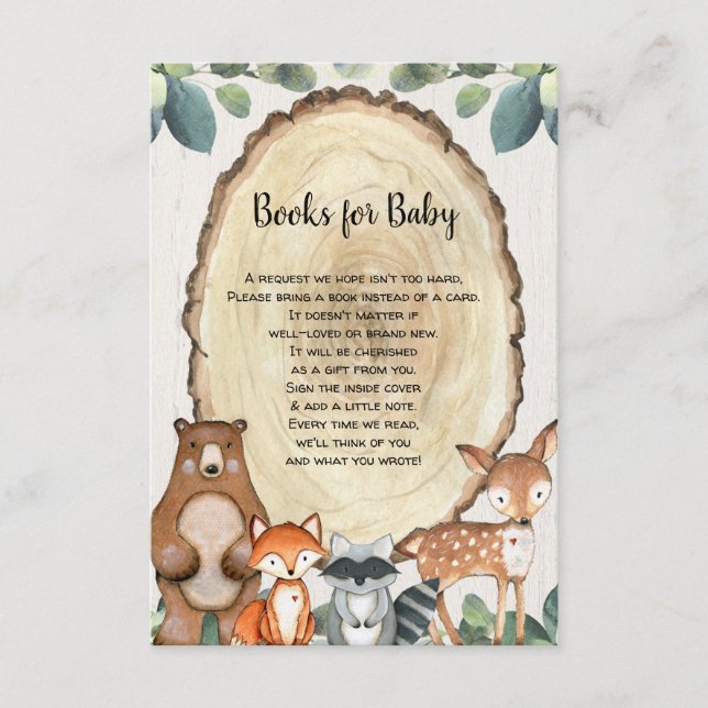 Woodland cute animals book request baby shower enclosure card (Front)
