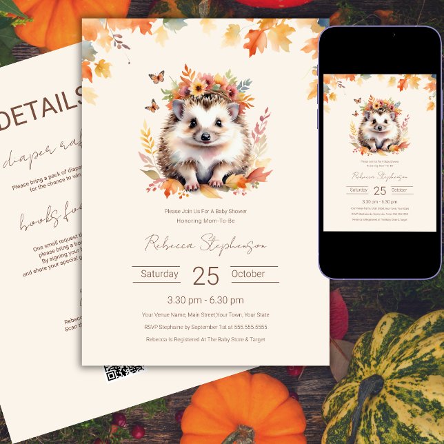 Woodland Cute Hedgehog Fall Baby Shower QR Code  Invitation (Creator Uploaded)