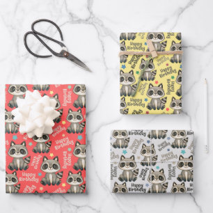Woodland Cute Raccoon Happy Birthday Wrapping Paper Sheet