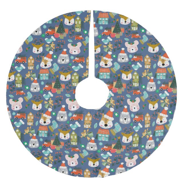Woodland Cute Santa Animals Denim Blue Brushed Polyester Tree Skirt (Front)