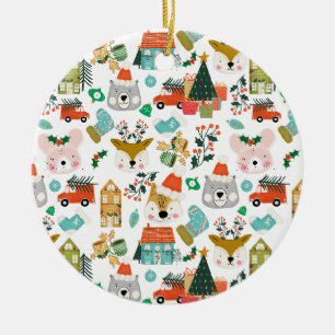 Woodland Cute Santa Animals White Ceramic Ornament