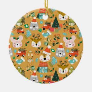 Woodland Cute Santa Animals Yellow Ceramic Ornament