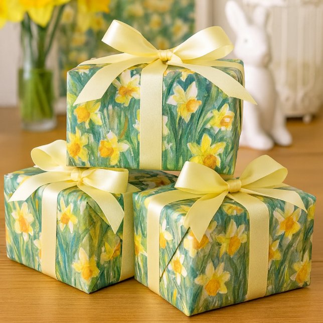 Woodland Daffodils & Redbud Blossoms Watercolor  Wrapping Paper Sheet (Spring joy, wrapped and ready! Celebrate the season with cheerful daffodil wrapped gifts )