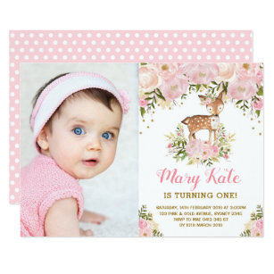 Woodland Deer 1st Birthday Pink Gold Pastel Floral Invitation