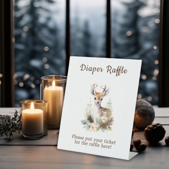 Woodland Deer Animal Baby Shower Diaper Raffle Pedestal Sign (Winter Deer Neutral Baby Shower Diaper Raffle Pedestal Sign)