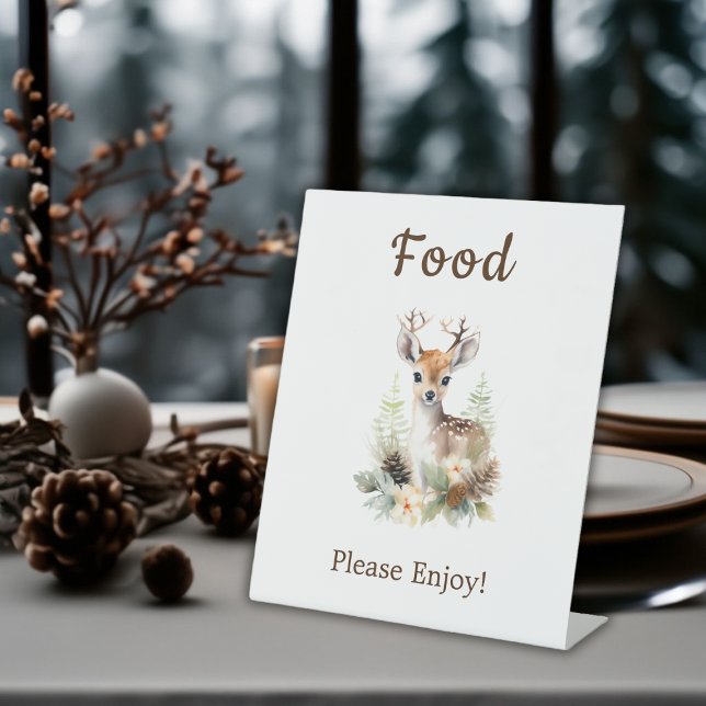 Woodland Deer Animal Baby Shower Food Pedestal Sign (Winter Deer Gender Neutral Baby Shower Food Pedestal Sign)
