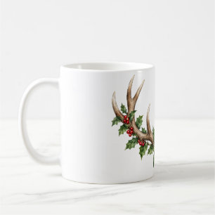 Woodland Deer Antlers with Holly Berries Coffee Mug