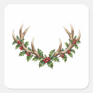 Woodland Deer Antlers with Holly Berries Square Sticker