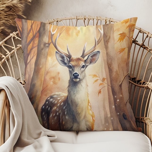 Woodland Deer Autumn – Nature-Inspired Fall Decor Cushion (Woodland Deer Autumn – Nature-Inspired Fall Decor Throw Pillow in a boho rattan armchair)