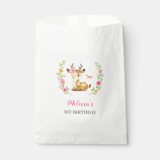 Woodland Deer Baby Girl 1st Birthday Party Treat Favour Bag (Front)