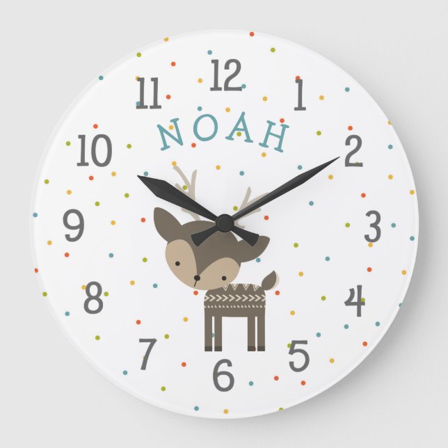 Woodland deer baby nursery clock with name (Front)