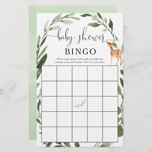 Woodland Deer Baby shower bingo greenery  (Front/Back)