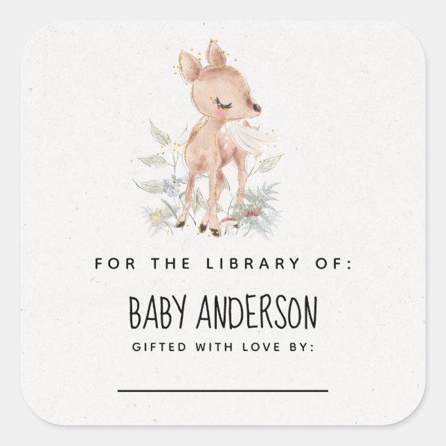 Woodland Deer Baby Shower Bookplate Square Sticker (Front)