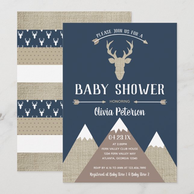 Woodland Deer Baby Shower Invitation, Burlap Invitation (Front/Back)