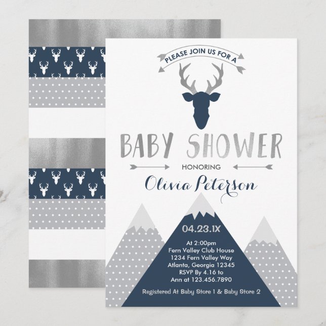 Woodland Deer Baby Shower Invitation, Faux Foil Invitation (Front/Back)