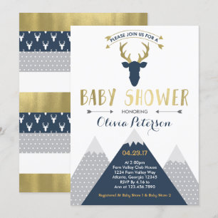 Woodland Deer Baby Shower Invitation, Faux Foil Invitation