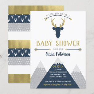 Woodland Deer Baby Shower Invitation, Faux Foil Invitation