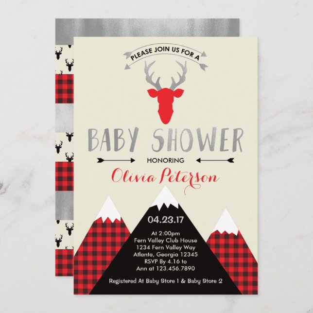 Woodland Deer Baby Shower Invitation, Faux Foil Invitation (Front/Back)