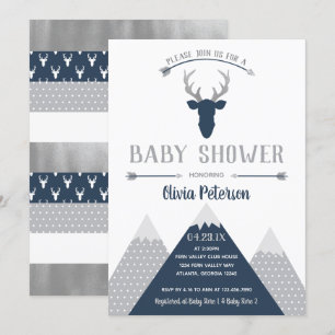 Woodland Deer Baby Shower Invitation, Faux Foil Invitation