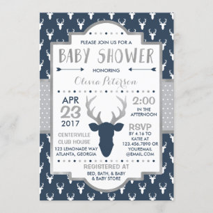 Woodland Deer Baby Shower Invitation, Faux Foil Invitation